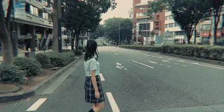 HD PC desktop wallpaper/background inspired by Japanese TV show Alice in Borderland: lone schoolgirl in uniform stands on an empty city street, muted tones and an eerie atmosphere.