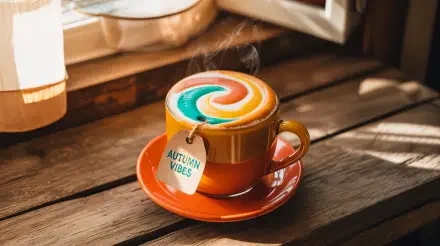 4K Ultra HD PC desktop wallpaper of a steaming pumpkin spice latte in an orange cup and saucer, swirling colorful latte art and a Autumn Vibes tag on a sunlit wooden windowsill.