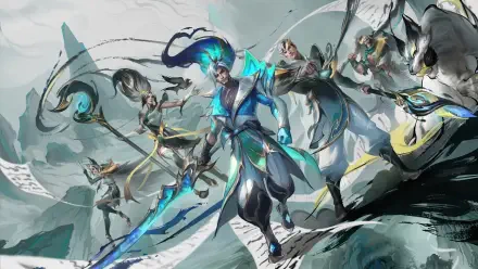 4K Ultra HD PC desktop wallpaper: League of Legends: Wild Rift scene with Yasuo and Jarvan IV clashing in a dramatic, wind-swept battle.