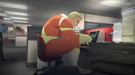 HD PC desktop wallpaper from the video game Dispatch: a worker in an orange high-visibility suit leans over an office printer in a dim cubicle with stacks of paper.
