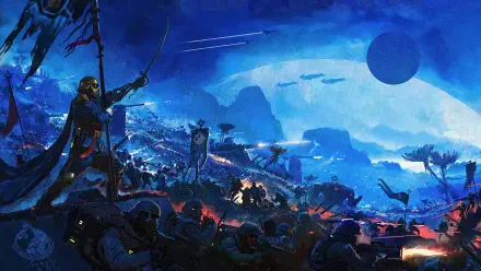 8K Ultra HD PC desktop wallpaper: Helldivers 2 sci‑fi battle in blue tones — armored soldiers, aerial craft and alien warzone beneath a looming planet.