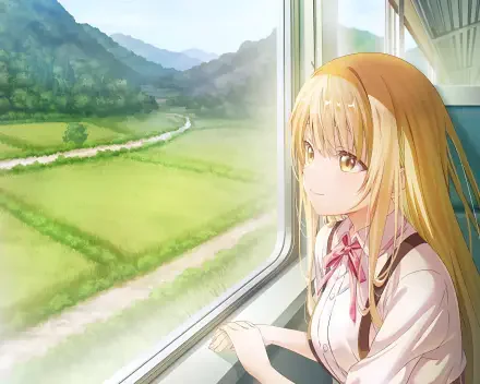 Anime 2K Quad HD PC wallpaper: Mahiru Shiina from The Angel Next Door Spoils Me Rotten gazes out a train window at sunlit countryside.