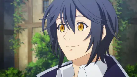 Anime HD wallpaper: Alec Huguette from The Banished Court Magician Aims to Become the Strongest — close-up smiling with blue hair and golden eyes in a sunlit courtyard background.