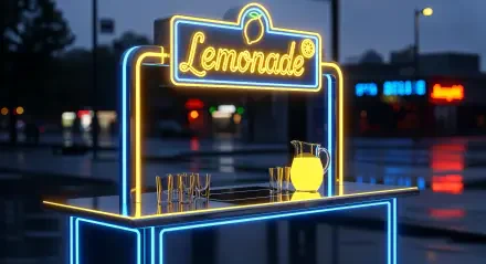 Neon-lit lemonade stand with glowing sign, pitcher and glasses on wet pavement at dusk — 4K Ultra HD PC desktop wallpaper and background.