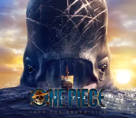 4K Ultra HD PC desktop wallpaper of Laboon from the TV show One Piece (Live Action): a giant whale looming over a small ship at sunset with the One Piece logo on the waves.