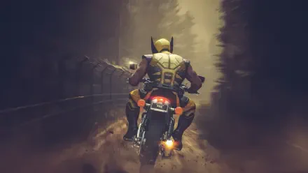 Marvel's Wolverine riding a motorcycle down a misty forest road — video game 4K Ultra HD PC desktop wallpaper/background.