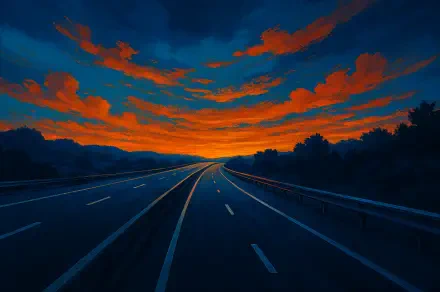 4K Ultra HD PC desktop wallpaper/background: empty highway stretching into a vivid orange-and-blue sunset over silhouetted hills.