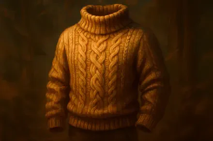 4K Ultra HD PC desktop wallpaper: golden cable-knit turtleneck sweater floating against a warm, textured brown background, evoking cozy autumn comfort.