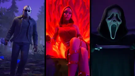 HD Fortnite PC wallpaper with three panels: Jason Voorhees in a moonlit forest, a pop‑star–inspired Fortnite skin amid red flames, and Ghostface from Scream.