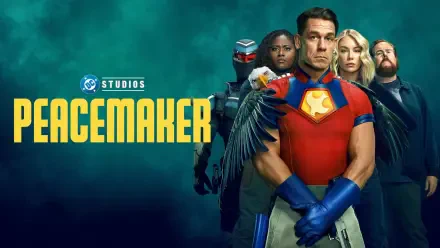 Peacemaker (DC Comics) TV show 4K Ultra HD PC wallpaper: Peacemaker in red-and-blue costume stands front with teammates behind him, title logo on a teal background.