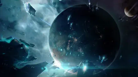 Endless Space 2 video game HD PC desktop wallpaper and background: massive dark planet framed by glowing debris, teal nebula clouds and distant starships.