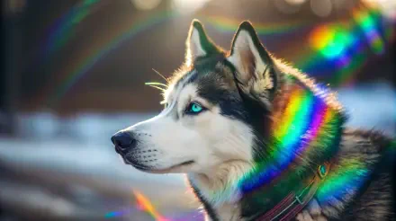 Siberian husky with piercing blue eyes against a soft-focus snowy backdrop, rainbow light flares across its fur — 4K Ultra HD PC desktop wallpaper and background.