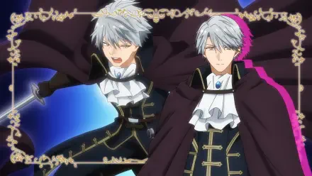 Anime HD PC wallpaper of Aristide Roger de Galbraith from Pass the Monster Meat Milady!—two poses in an ornate dark cloak and ruffled cravat against a blue-purple backdrop.