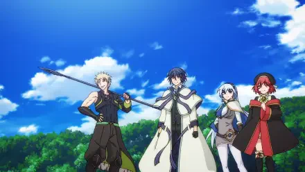 HD PC desktop wallpaper showing four anime characters from The Banished Court Magician Aims to Become the Strongest standing on a grassy ridge beneath a bright blue sky with scattered clouds.