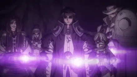 Anime Gachiakuta HD PC desktop wallpaper: a dark, dramatic group of characters led by a stern figure, bathed in a horizontal purple energy glow.