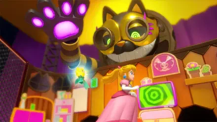 Princess Peach Showtime! HD PC desktop wallpaper and background: Princess Peach on a bright, colorful stage beneath a giant mechanical cat head with a glowing paw, surrounded by game cabinets and lights.