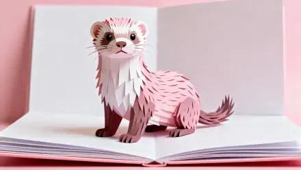 Paper-crafted pink-and-white ferret stands on an open book against a soft pink backdrop — 4K Ultra HD PC Desktop Wallpaper and Background.