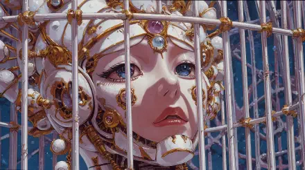 4K Ultra HD PC desktop wallpaper and background — sci-fi cyborg robot woman with ornate gold, pearls and jewels, her face framed by metallic cage bars and glassy, expressive eyes.
