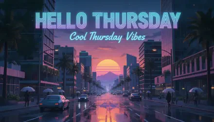 4K Ultra HD PC desktop wallpaper: neon retro city street at sunset with wet reflections and bold 'HELLO THURSDAY' sign — Cool Thursday Vibes.