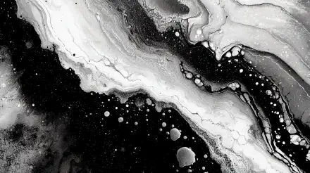 Abstract black-and-white marbleized ink flow and droplets, high-contrast textures and swirls — 4K Ultra HD PC desktop wallpaper background.