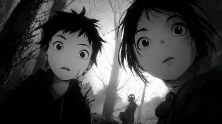 Spooky anime 4K Ultra HD PC desktop wallpaper: two wide-eyed kids in a stark, foggy forest stare ahead while a small shadowy figure with glowing eyes watches from behind.