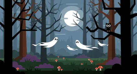 Haunted Forest 4K Ultra HD PC desktop wallpaper and background: moonlit, fog-filled woods with bare trees, three floating white ghosts, an owl on a branch and mushrooms dotting misty forest floor.