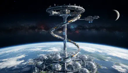 Sci Fi 4K Ultra HD PC desktop wallpaper of a towering space elevator spiraling from a futuristic Earth city into orbit, with ringed orbital platforms and a crescent moon overhead.