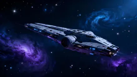 Sci-fi deep space exploration: a sleek starship glides past purple and blue nebulae and distant stars — 4K Ultra HD PC desktop wallpaper and background.