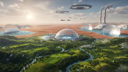 4K Ultra HD sci-fi terraforming scene: glass biodomes and green rivers spreading into a red desert beneath hovering rings and craft — PC desktop wallpaper/background.