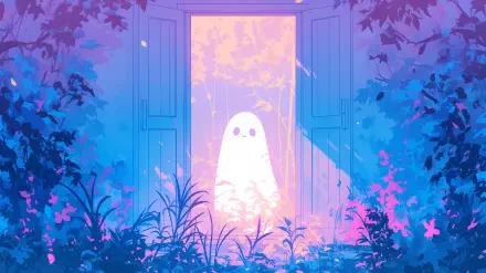 Cute ghost in pastel aesthetic anime style, glowing at an open doorway amid foliage — AI art Halloween scene, 2K Quad HD PC desktop wallpaper/background.