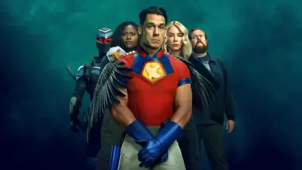 Peacemaker (Tv Show) 4K Ultra HD PC desktop wallpaper and background: Peacemaker in red-and-blue suit with dove emblem stands center, flanked by three teammates against a moody teal backdrop.