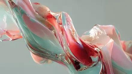 Abstract glass-morphism 4K Ultra HD PC desktop wallpaper: flowing translucent ribbons of teal, pink and red with glossy, liquid-like surfaces on a soft gray background.