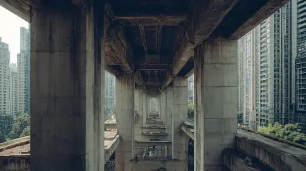 4K Ultra HD PC desktop wallpaper of a man-made concrete jungle: symmetrical view beneath an elevated highway flanked by towering apartment blocks, moody urban perspective.