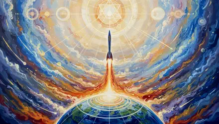 Vibrant 4K Ultra HD PC desktop wallpaper and background: a rocket blasting off from Earth into radiant, swirling cosmic skies.