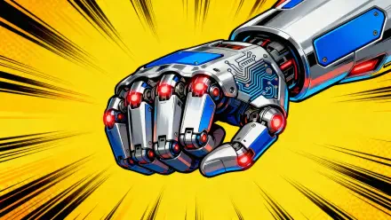 Metallic robotic hand forming a fist with glowing red sensors and blue circuitry on a yellow burst backdrop — 4K Ultra HD PC desktop wallpaper.