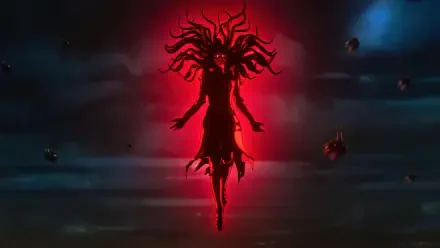 HD PC desktop wallpaper from TV show Marvel Zombies: a shadowy, levitating figure with writhing hair, glowing red aura and floating debris against a dark, ominous backdrop.