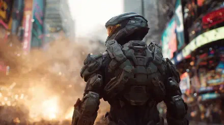 Video game 2K Quad HD PC wallpaper: Halo Infinite's Master Chief in a powered exoskeleton, visor aglow, stands amid a burning urban battlefield, seen from behind.