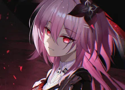 4K Ultra HD desktop wallpaper of Evernight (Honkai: Star Rail): close-up of a pale, pink-haired character with glowing red eyes, dark gothic outfit and drifting red petals.