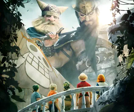 4K Ultra HD PC desktop wallpaper: One Piece (Live Action) giants Brogy and Dorry loom over the Straw Hat crew on a jungle cliff — TV show scene.