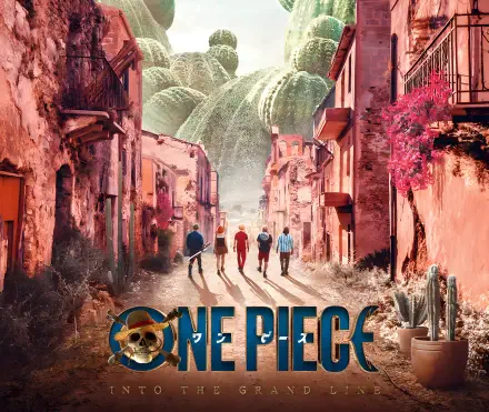 4K Ultra HD PC desktop wallpaper of One Piece (Live Action) TV show: Straw Hat crew walk down a sunlit pink village street toward a giant palm tree, series logo at bottom.