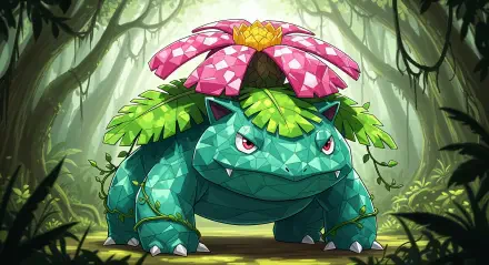 4K Ultra HD PC desktop wallpaper and background of Venusaur (Pokémon) in a lush forest, low-poly geometric style with a large pink flower.