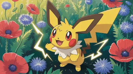 Bright 4K Ultra HD PC desktop wallpaper of Pichu (Pokémon) joyfully crackling with electricity amid poppies and blue cornflowers in a sunlit meadow.