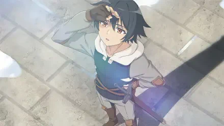 Anime HD PC desktop wallpaper of Arel from Hero Without a Class: Who Even Needs Skills?! — young dark-haired hero looking up, sword slung across his back on sunlit cobblestones.