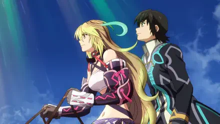 HD PC desktop wallpaper for the video game Tales of Xillia showing Milla Maxwell and Jude Mathis side by side, gazing toward a bright blue sky.