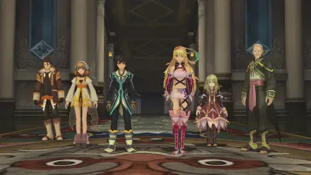 HD PC desktop wallpaper and background from the video game Tales of Xillia: six main characters stand in a grand hall, centered on a blonde heroine and a dark‑haired hero.