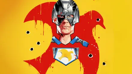 Peacemaker (TV show) 8K Ultra HD PC wallpaper: masked titular hero framed by a red dove silhouette on a yellow field, dotted with bullet holes and blood splatter.
