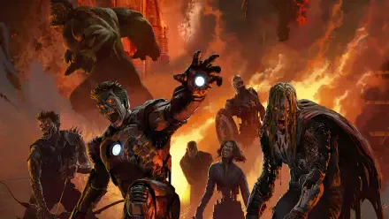 Marvel Zombies 4K Ultra HD PC desktop wallpaper: zombified Iron Man, Thor, Hulk and other undead heroes amid fiery, apocalyptic ruins with glowing arc reactors.