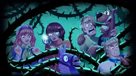 HD PC desktop wallpaper/background: Fortnite x Scooby-Doo crossover — Scooby, Shaggy, Velma, Daphne and Fred trapped in thorny vines with a glowing orb and a Fortnite llama in eerie teal light.
