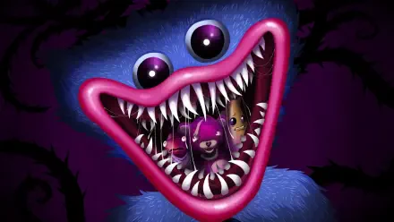 HD PC desktop wallpaper: video game Huggy Wuggy in Fortnite style — blue creature with pink lips, rows of razor teeth and tiny Fortnite characters trapped in its mouth against a dark purple backdrop.