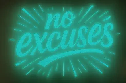 4K Ultra HD PC desktop wallpaper: neon turquoise no excuses script with glowing radial streaks on a dark backdrop.